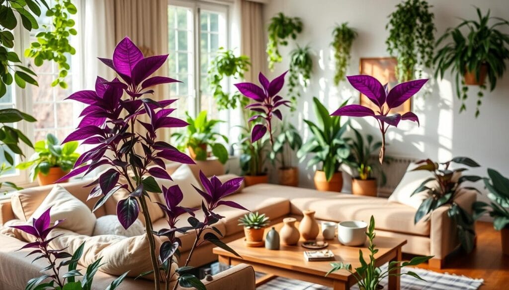 Purple leaf plants in living room