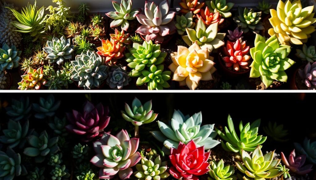 Succulents in varied lighting conditions